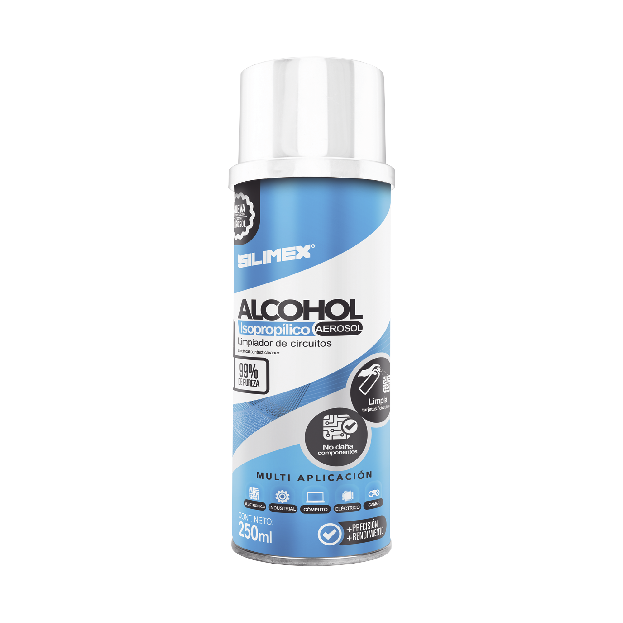 Alcohol Isopropilico en Aerosol para limpieza de equipos de vídeo fibra óptica cómputo y equipo telefónico 250 ml
