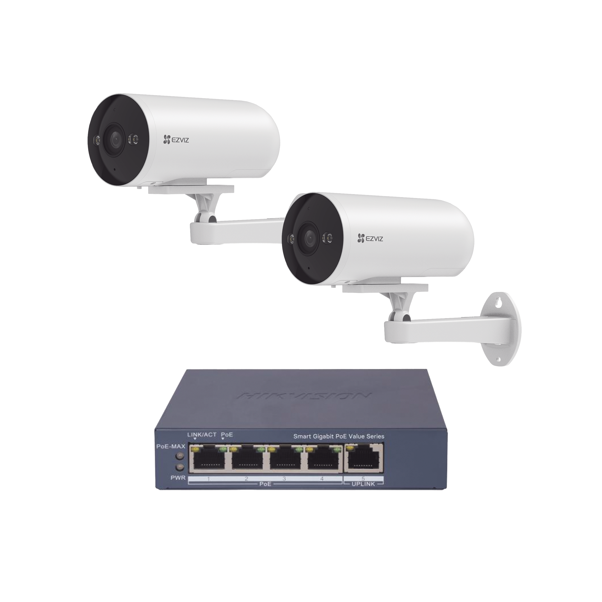 Kit de cámaras PoE Para Uso en Exterior / PoE Estandar Af / 2 piezas CS-H5/3MP/ 1 Pieza de Switch DS-3E1505P-EI/M / Vision Nocturna a Color / IP67 / Audio Bidireccional / Luz y Sirena / 4 Puertos 1000