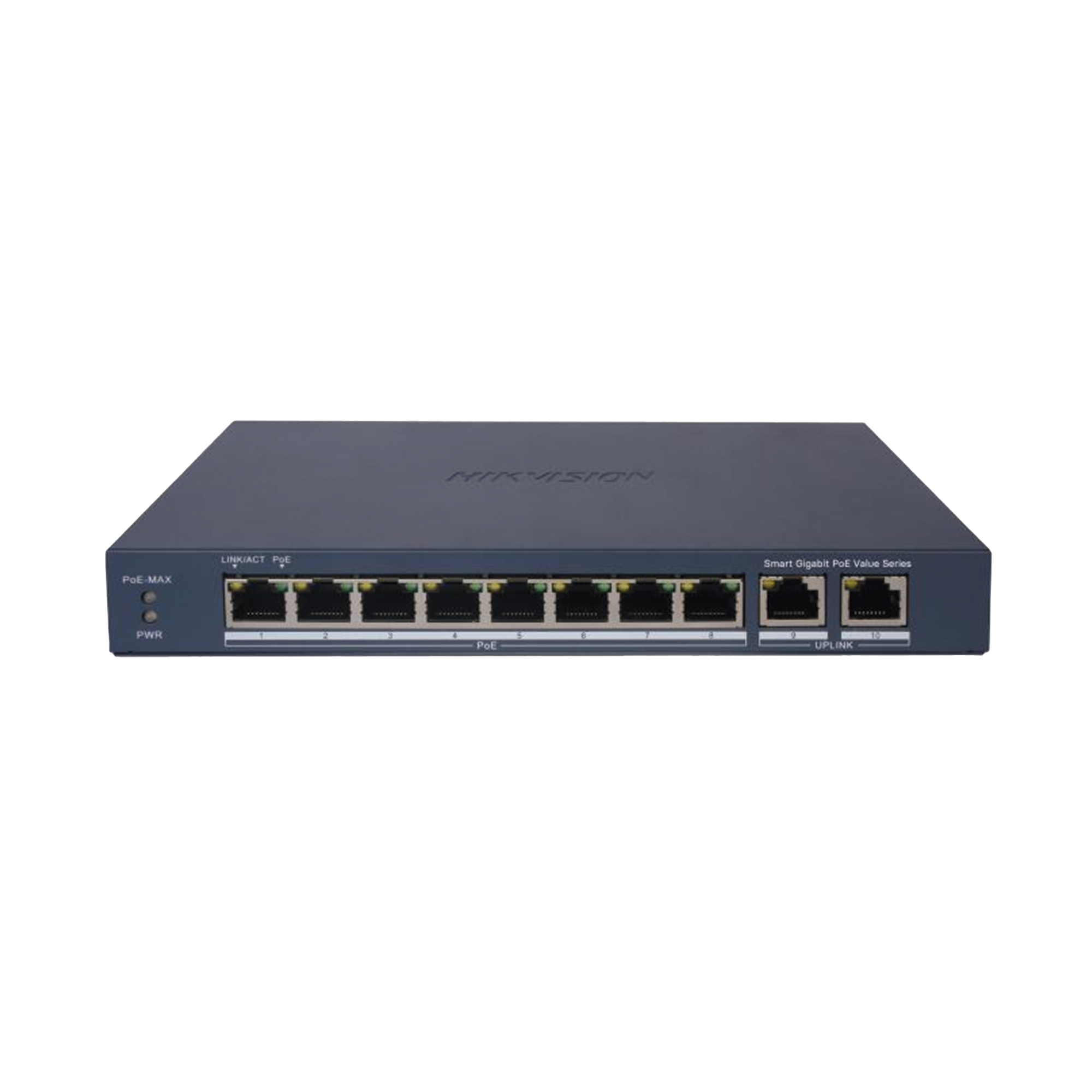 Switch Gigabit PoE+ / Administrable / 8 Puertos 1000 Mbps PoE+ / 2 Puertos 1000 Mbps de Uplink / Configuración Nube Hik-PartnerPro / Modo Extendido hasta 300 Metros / 60 W