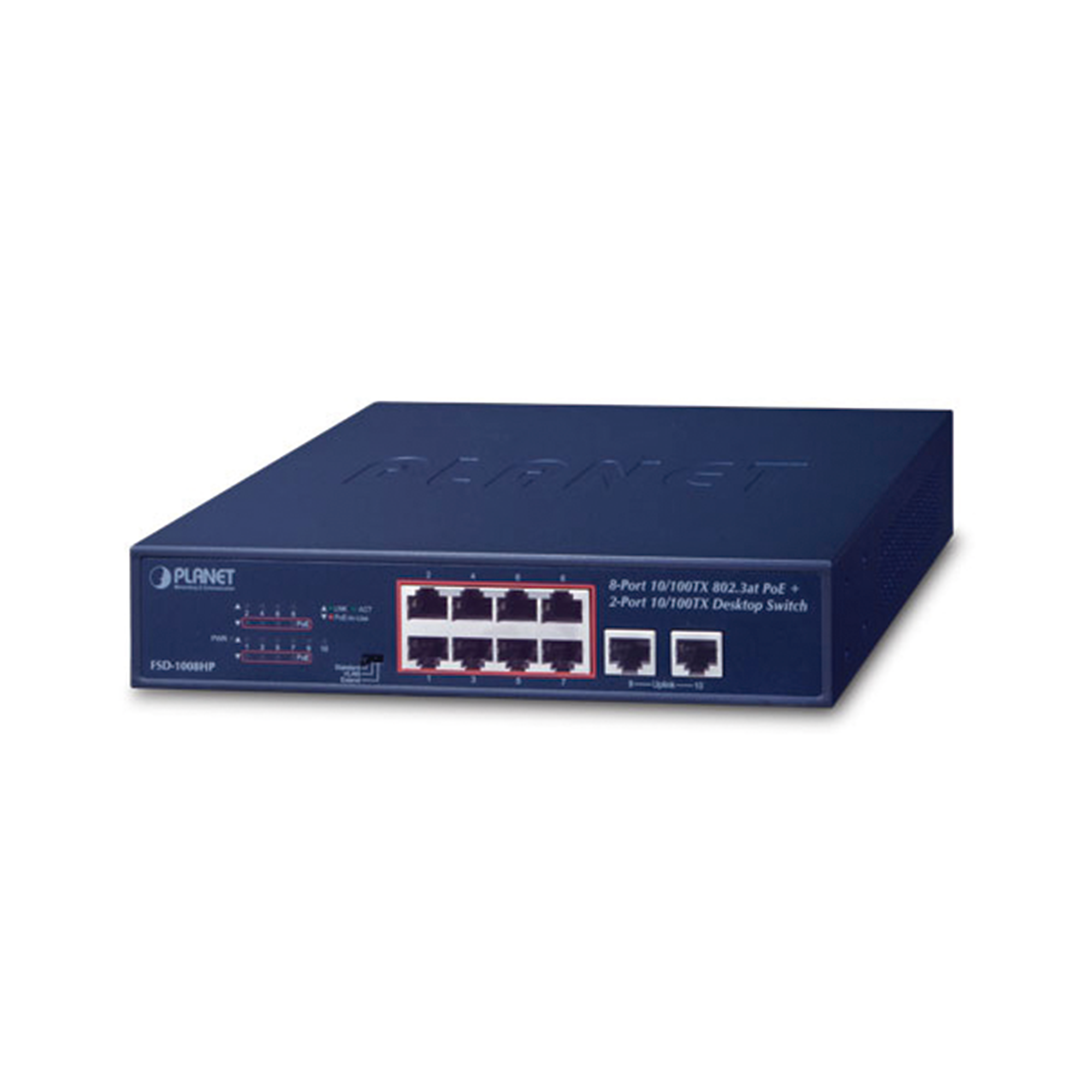 Switch de Escritorio de 8 Puertos 10/100TX 802.3at PoE+ / 2 Puertos 10/100TX / 120W PoE Budget / Modos Standard VLAN y Extendido / Distancia Extendida Hasta 250m