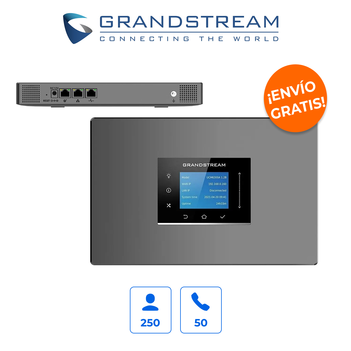 GRANDSTREAM UCM6300A Conmutador IP-PBX para 250 Usuarios y 50 Llamadas Simultáneas