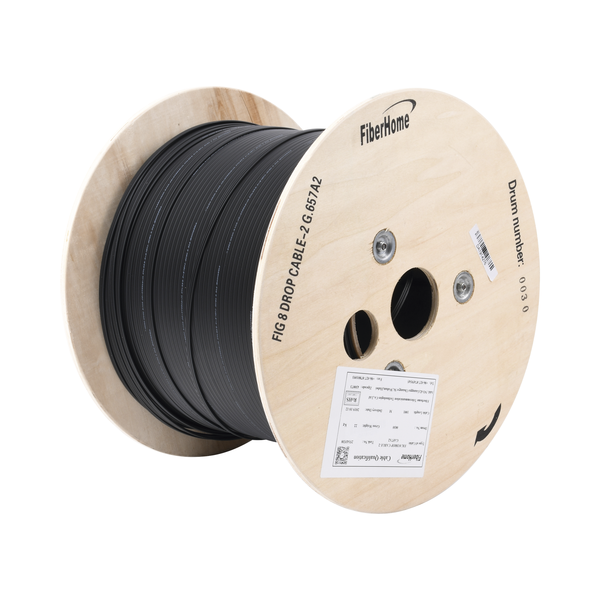 Carrete de 1 km de Fibra Óptica Aérea Mini Figura 8 G.657A2 Tipo Drop Monomodo de 2 Hilos (Bifibra) Diseñada para Fusionarse Color Negro Span 80 (No Soporta Conectores Mecánicos)