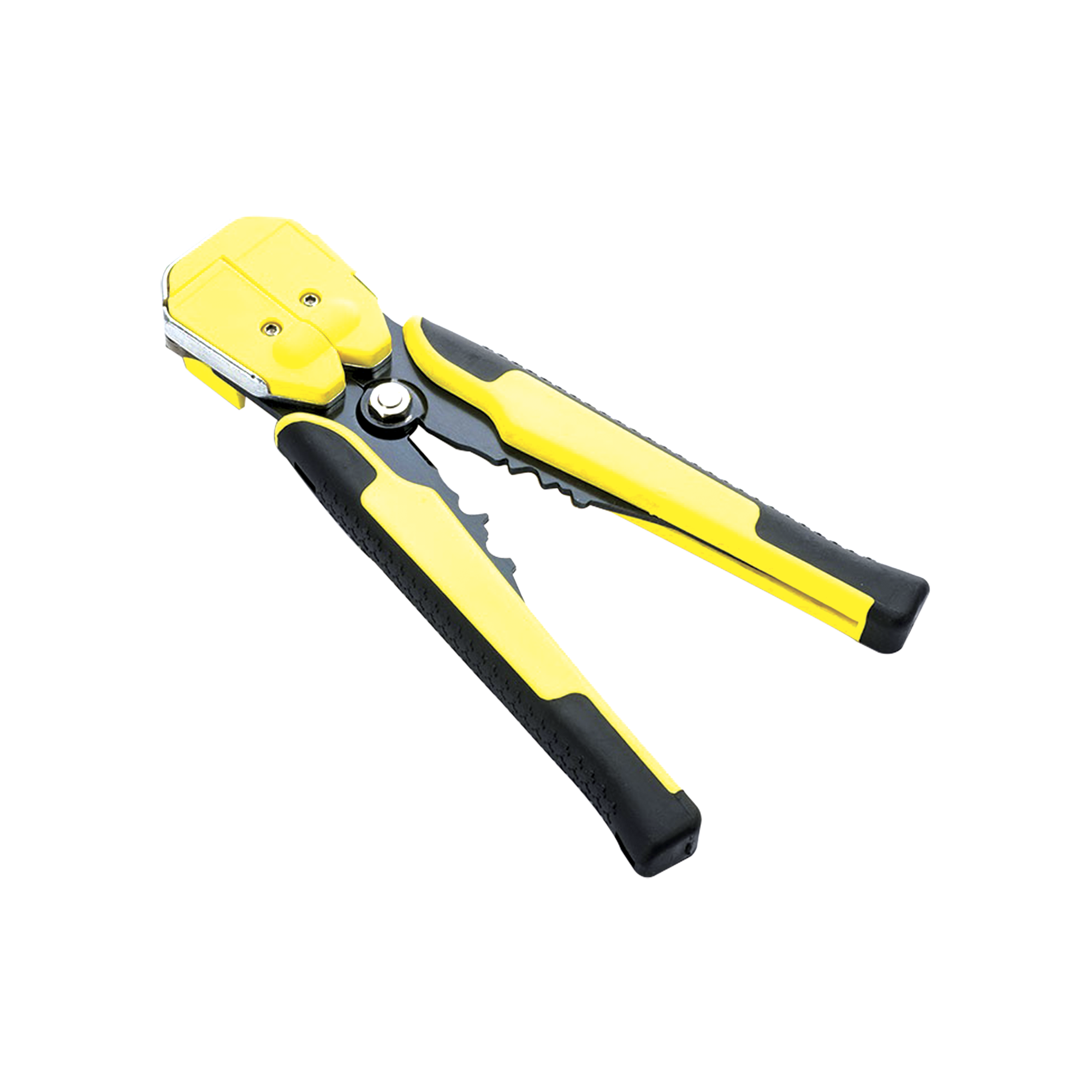 Pinza multifuncional Pelacables con terminal de pestaña prensado automático de color amarillo.