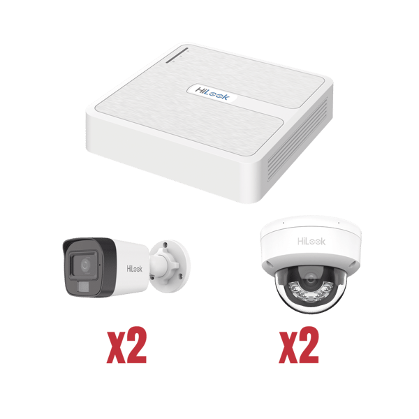 Kit IP 1080p (2 Megapixel) / NVR de 4 Canales con 4 Puertos PoE / 2 Cámaras IP Bala para Exterior con microfono y Dual light / 2 Cámaras IP Domo para Exterior | KIP2MP/2B2D