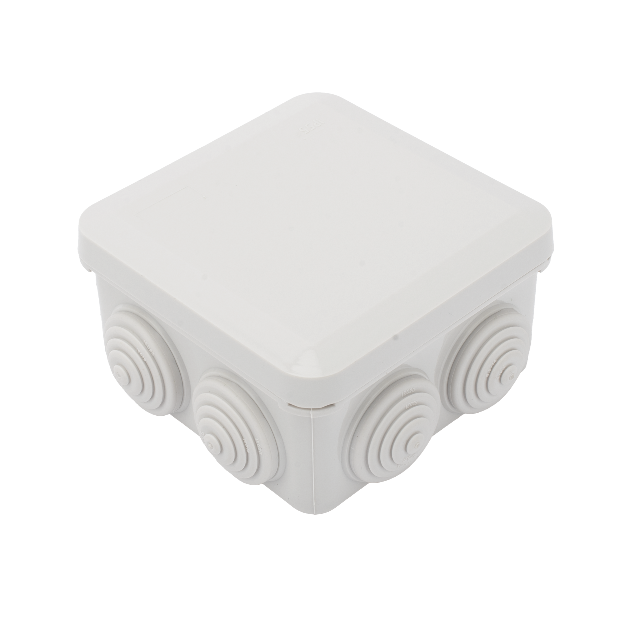 Caja Estanca Derivación Conexión de Plástico (89 X 89 X 50 mm) con 7 Glándulas de Goma. Para Instalaciones Comerciales Residenciales e Industriales. Cerrado a Presión.