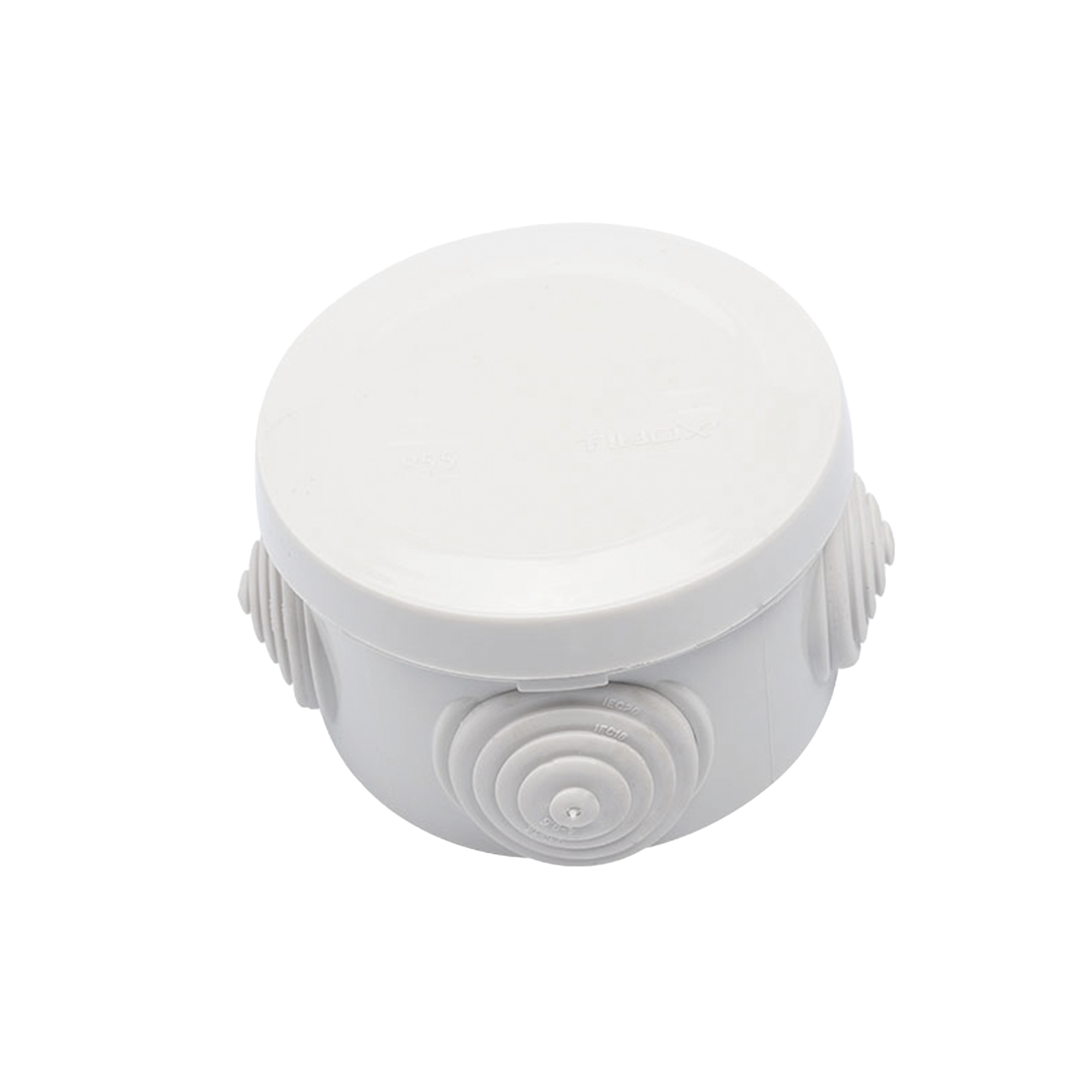 Caja Derivación-Conexión de Plástico Circular con 4 Glándulas de Goma (70 diámetro X 48 alto mm). Para Instalaciones Comerciales Residenciales e Industriales. Cerrado a Presión.