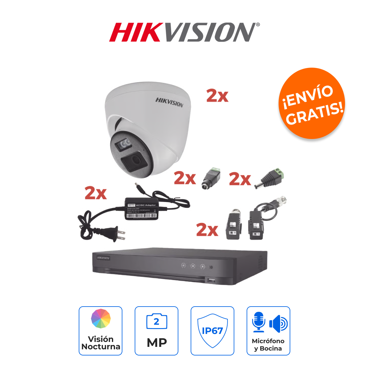 HIKVISION KH-1080P-2E-TWA Kit de Seguridad 1080p con 2 Cámaras Eyeball, Audio Bidireccional y ColorVu