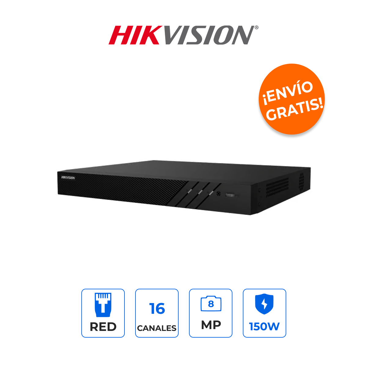 HIKVISION DS-7616NI-Q2/16P(E) NVR 16 Canales 8MP 4K con 16 Puertos PoE+ y 2 Bahías de Disco