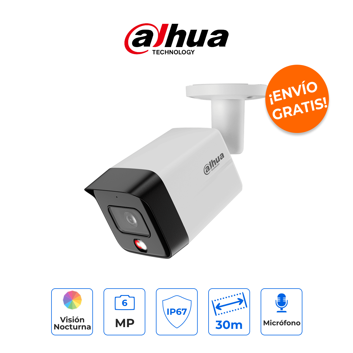 DAHUA DH-IPC-HFW1639TC-A-IL Cámara Bala IP 6MP Smart Dual Light con Micrófono e IA WizSense