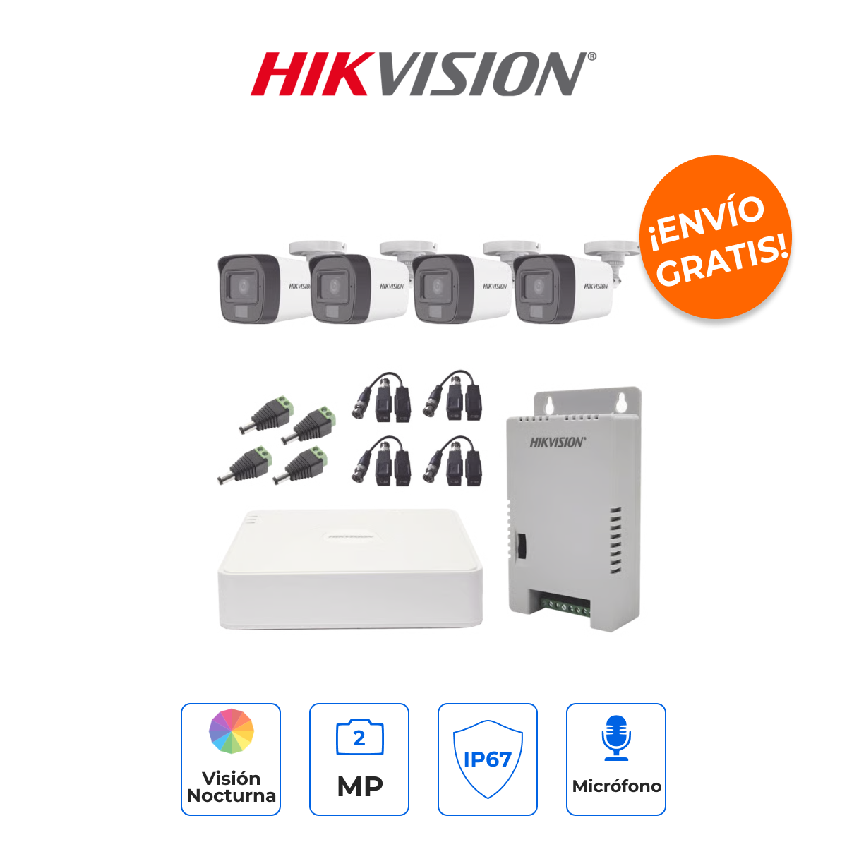 HIKVISION KH1080P4BSFH Kit 4 Canales 2MP con Micrófono, Luz Híbrida y Gran Angular 101°
