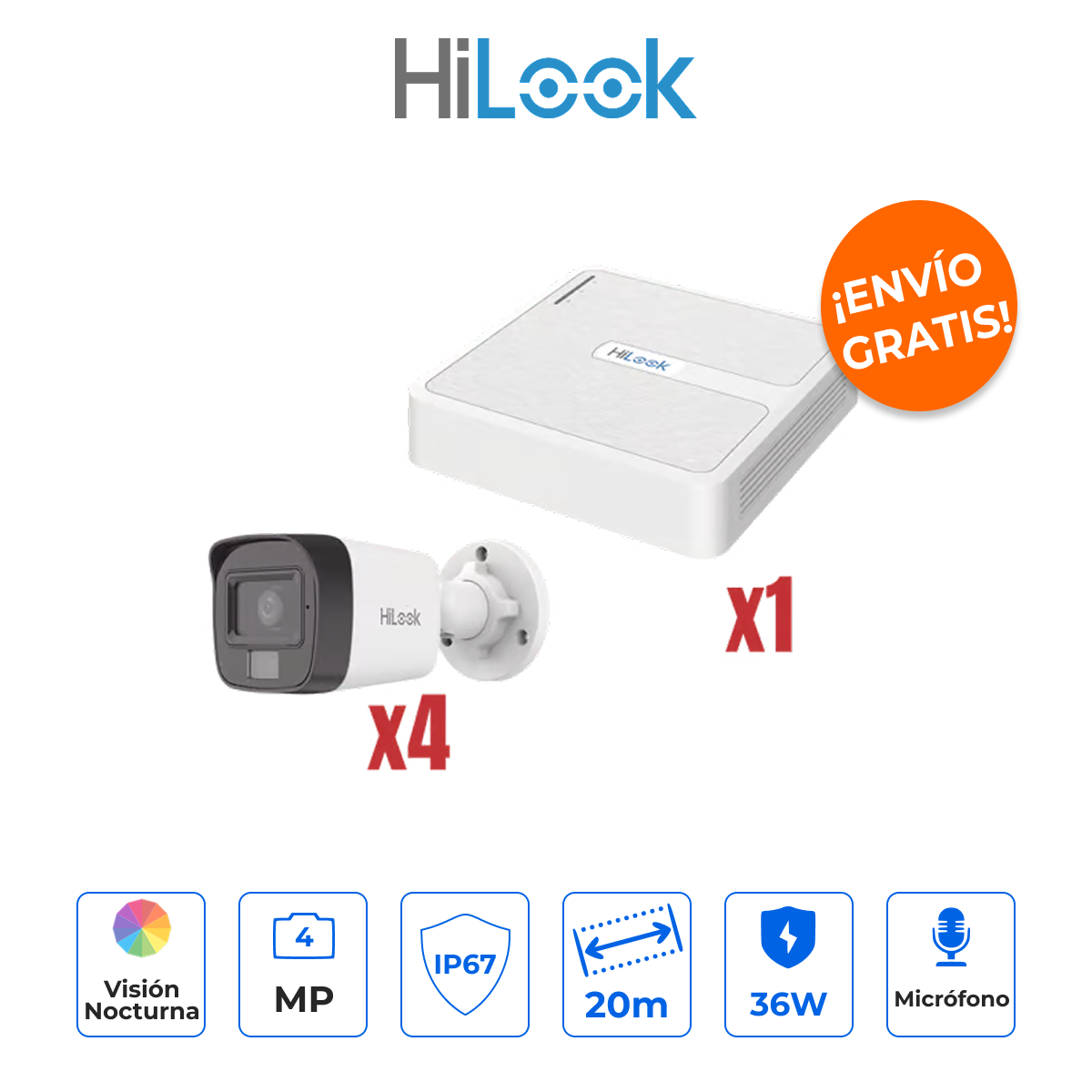 HILOOK KIP2MP/4B Kit IP 4MP 2K con NVR PoE y 4 Cámaras Bala Dual Light con Micrófono