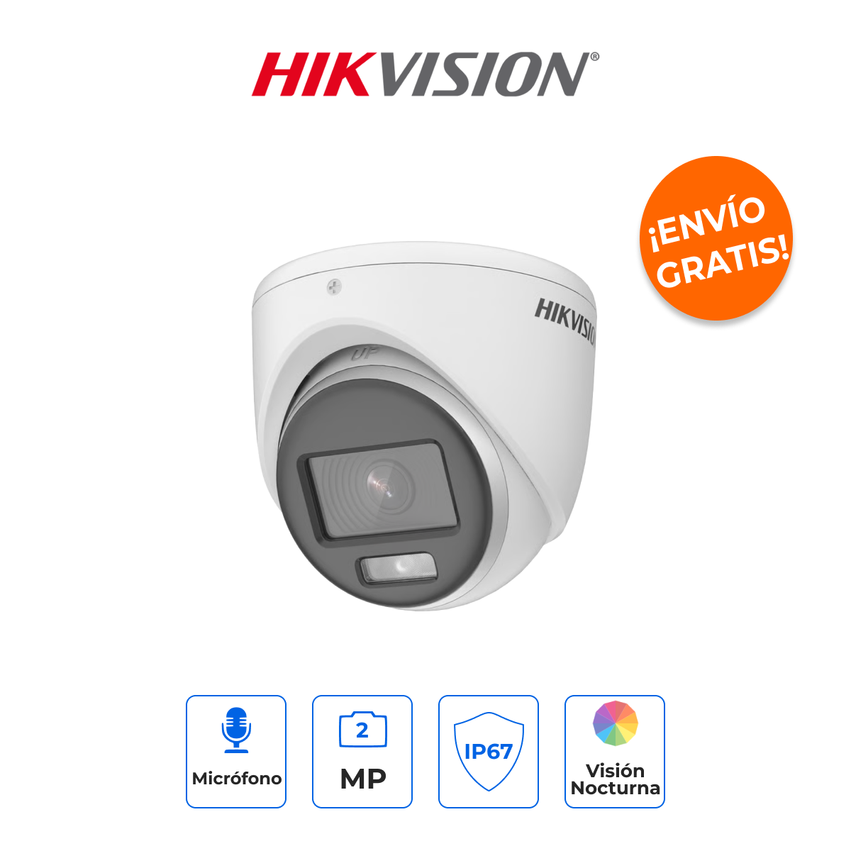 HIKVISION DS-2CE70DF0T-LMFS Turret 2MP ColorVu Metálica Dual Light con Micrófono y 105° de Visión, IR 20m