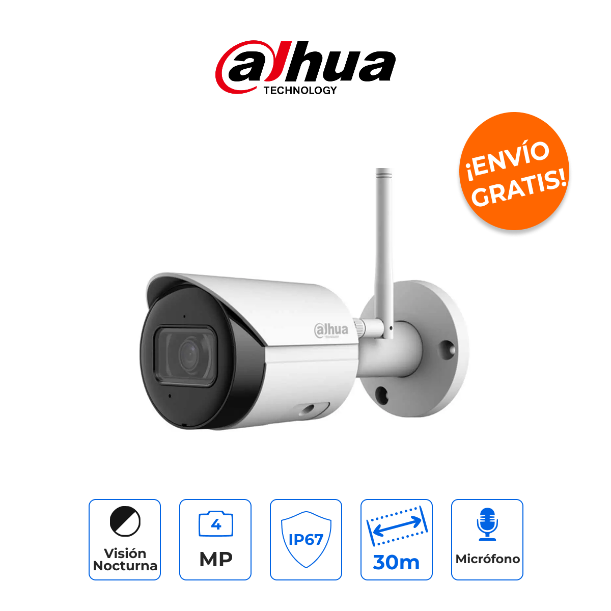 DAHUA DH-IPC-HFW1430DS-SAW Cámara Bala IP WiFi 4MP con Micrófono, IA SMD y Ranura MicroSD