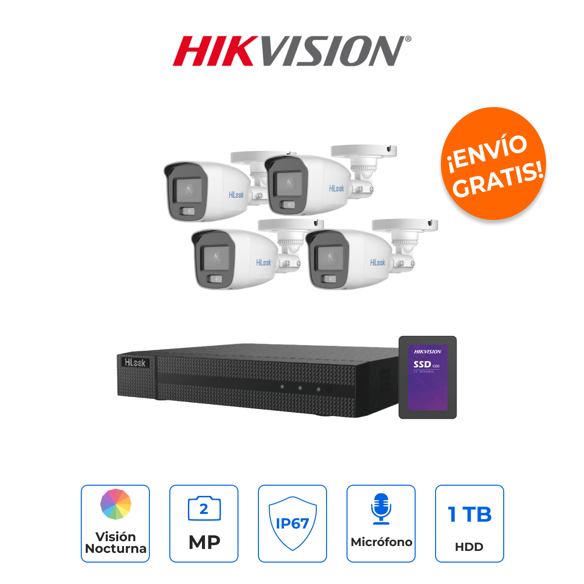 HIKVISION HL-1080-CV/A/1TB Kit de Seguridad 4 Canales 2MP ColorVu con Audio y SSD 1TB