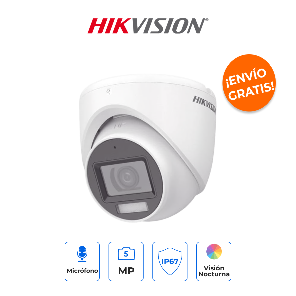 HIKVISION DS-2CE76K0T-LMFS Turret 3K 5MP Metálica Dual Light con Micrófono y Gran Angular 105°