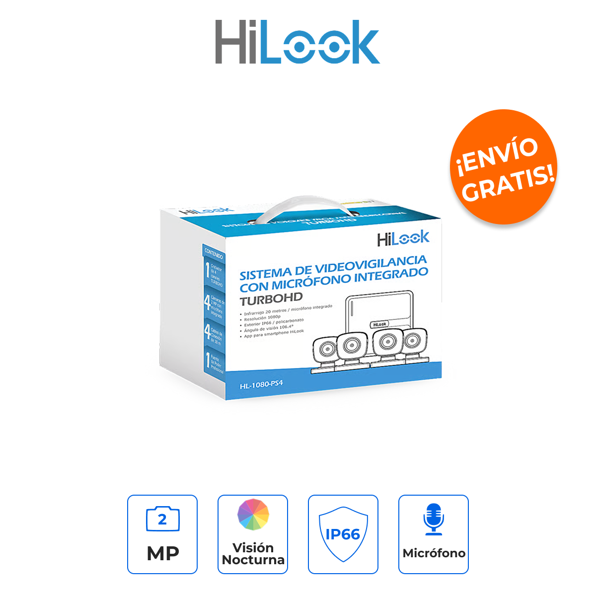 HIKVISION HL-1080-PS4 Kit de Seguridad 4 Canales 2MP con Micrófono Integrado y Audio por Coaxitron
