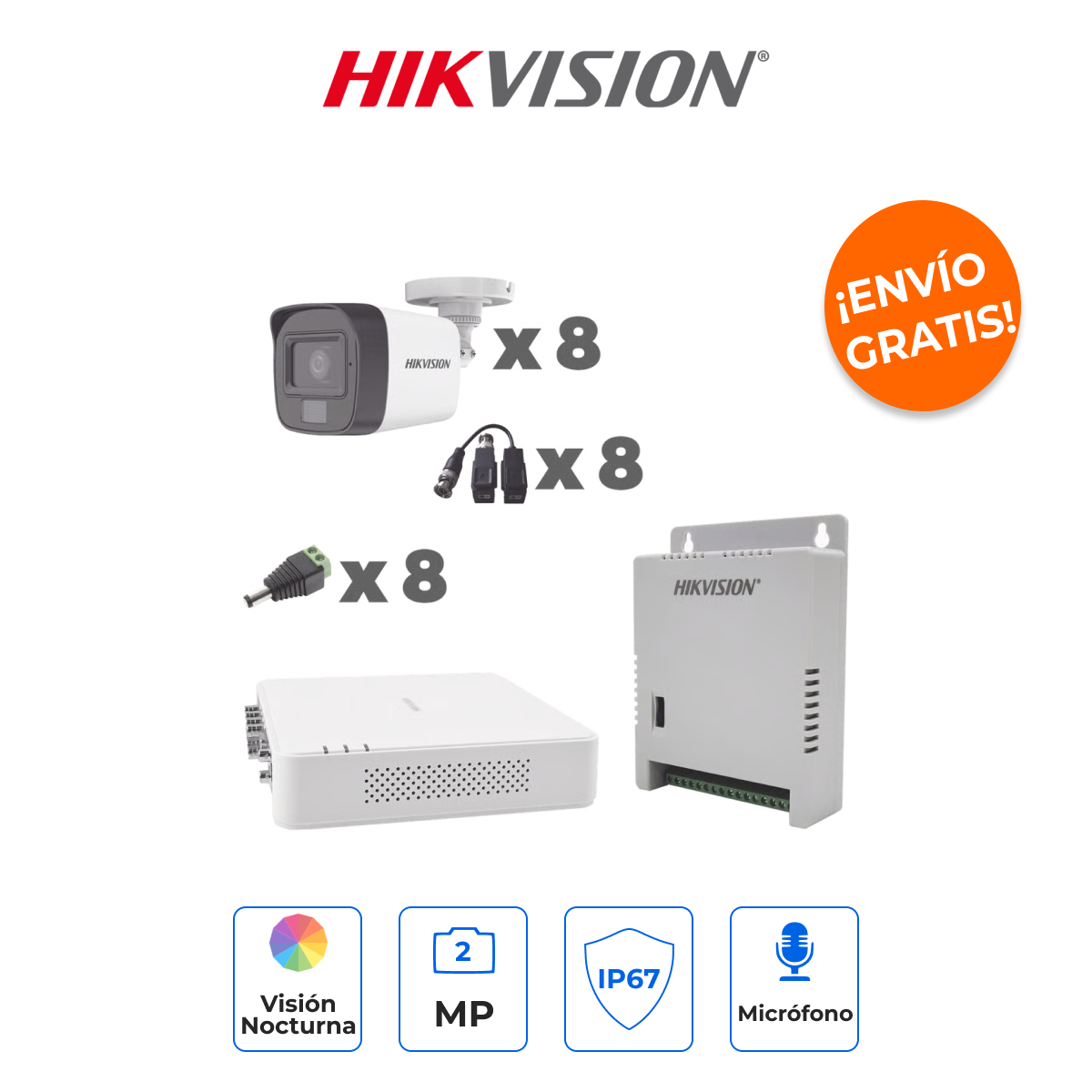 Hikvision KH1080P8BFH - Kit TurboHD 1080p Profesional con Audio y Luz Blanca Disuasiva