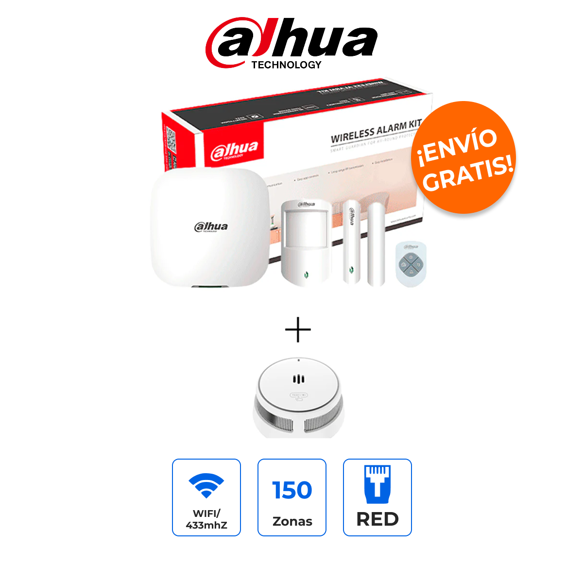 DAHUA PAQUETE SAFE HOME Kit de Alarma WiFi AirShield + Detector de Humo Pro con Batería de 10 Años