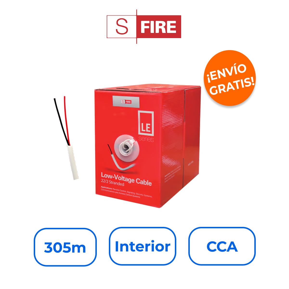 SFIRE SF-22-02-LE Bobina de 305m de Cable 2x22 AWG para Alarma, Interfonos y Energía