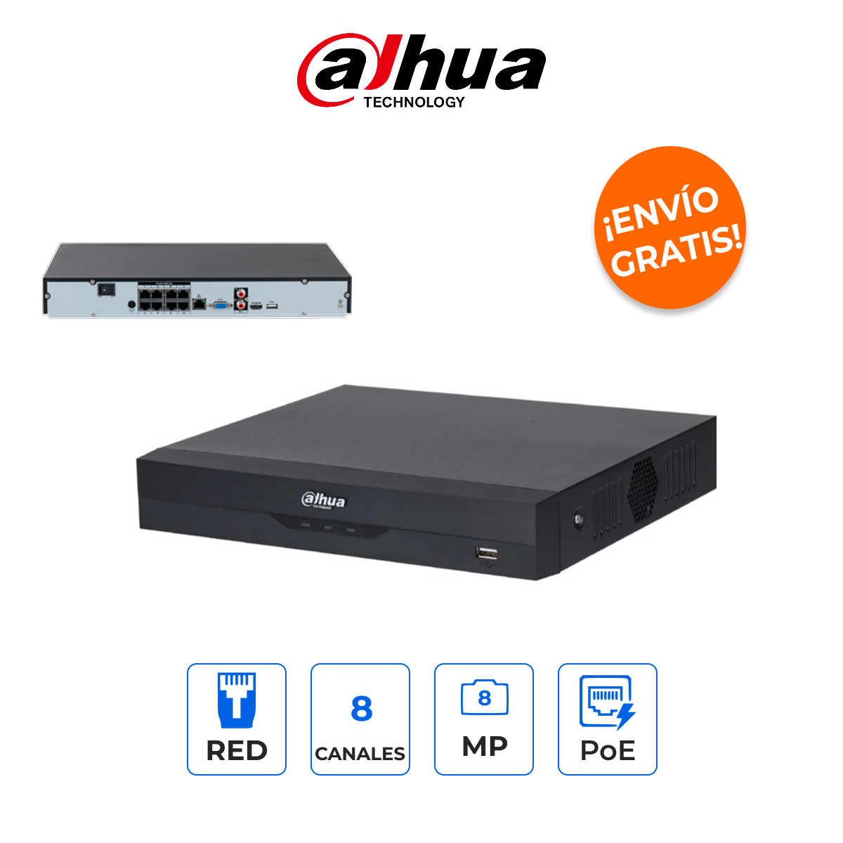 DAHUA DHI-NVR2208-8P-I2 NVR 8 Canales 8MP 4K con 8 Puertos PoE e IA WizSense