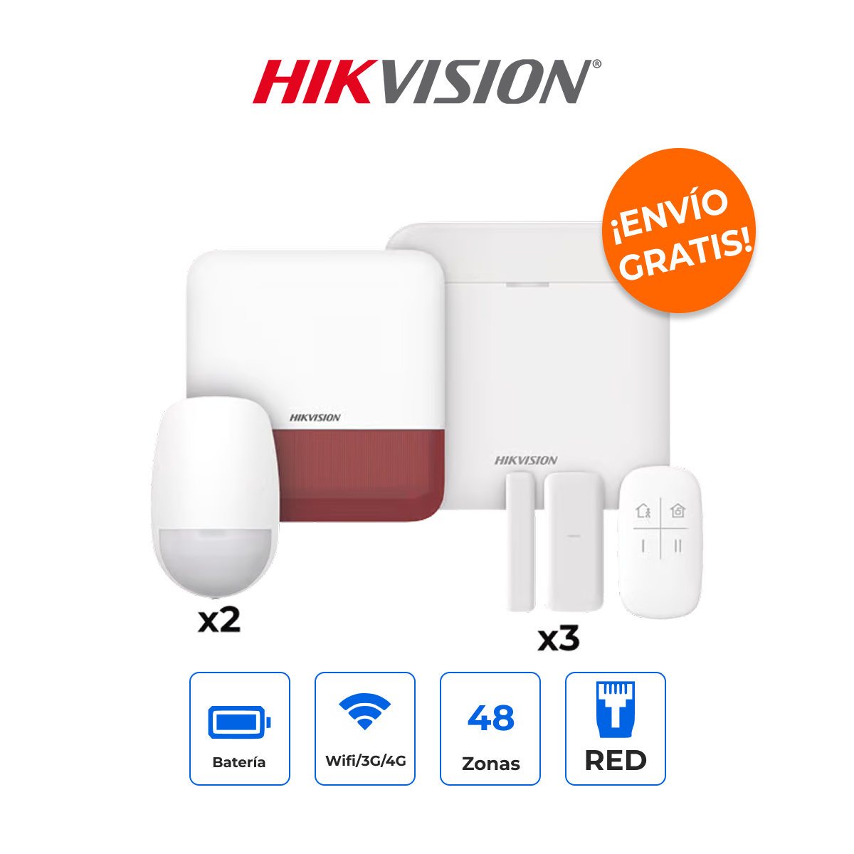HIKVISION DS-PWA48-KSV2(R) Kit de Alarma AX PRO Plus con 6 Sensores y Sirena Estrobo Roja