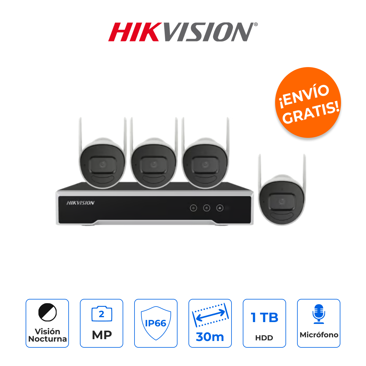 HIKVISION NK42W0H-1T(E) Kit IP Inalámbrico 2MP con NVR de 4 Canales, 4 Cámaras y HDD 1TB