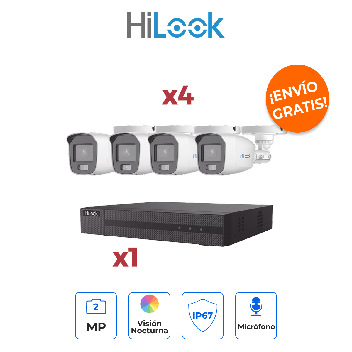 HILOOK HL-24B-KIT Kit de Seguridad 4 Canales 2MP ColorVu con Audio y AcuSense Lite