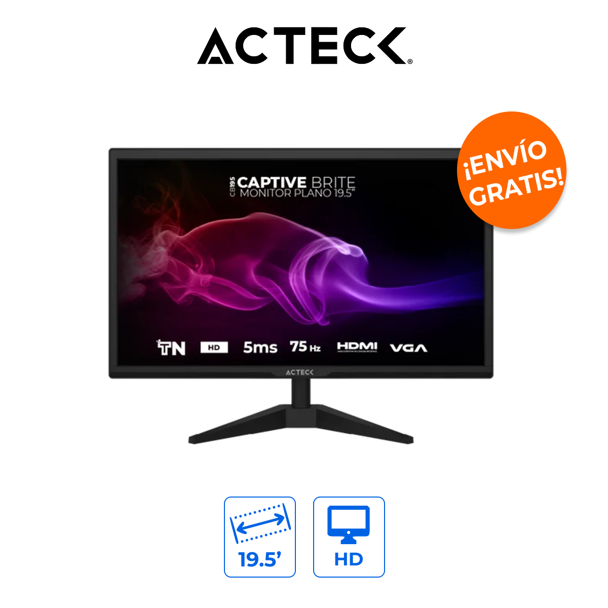 ACTECK AC-939409 Monitor de 19.5" HD 60-70Hz con Puertos HDMI y VGA