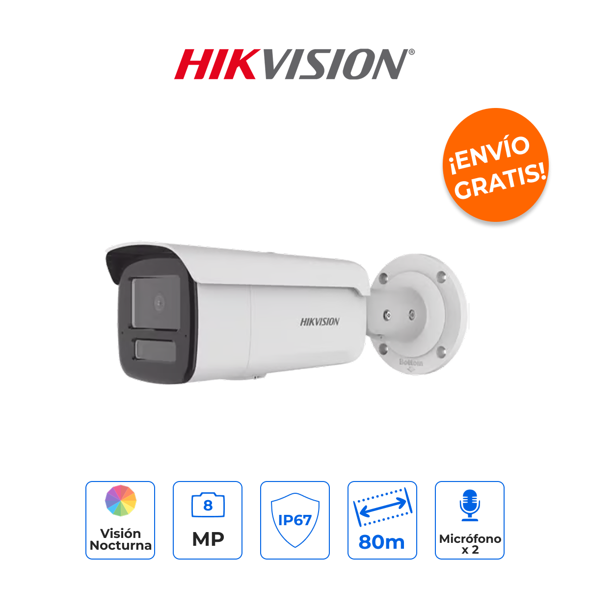 HIKVISION DS-2CD2T83G2-4LI2U Cámara Bala IP 8MP 4K Dual Light 80m con 2 Micrófonos e IK10