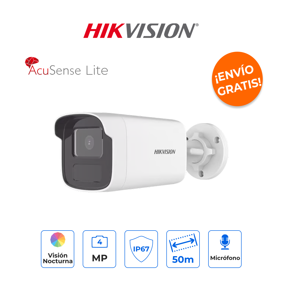 HIKVISION DS-2CD1T43G2-LIUF Cámara Bala IP 4MP Dual Light 50m con WDR 120dB e IA AcuSense