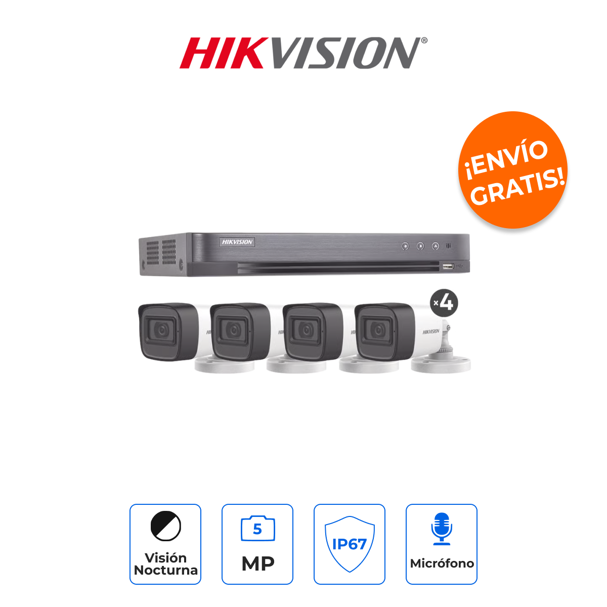 HIKVISION HIK5MPSLQ-KIT(B) Kit de Seguridad 5MP con 4 Cámaras con Micrófono y Audio sobre Coaxial