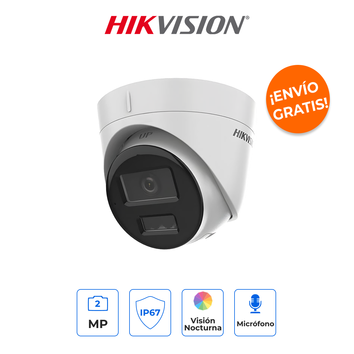 Hikvision DS-2CD1323G2-LIU - Domo IP Turret 2MP (1080p) con AcuSense Lite y Luz Dual Inteligente