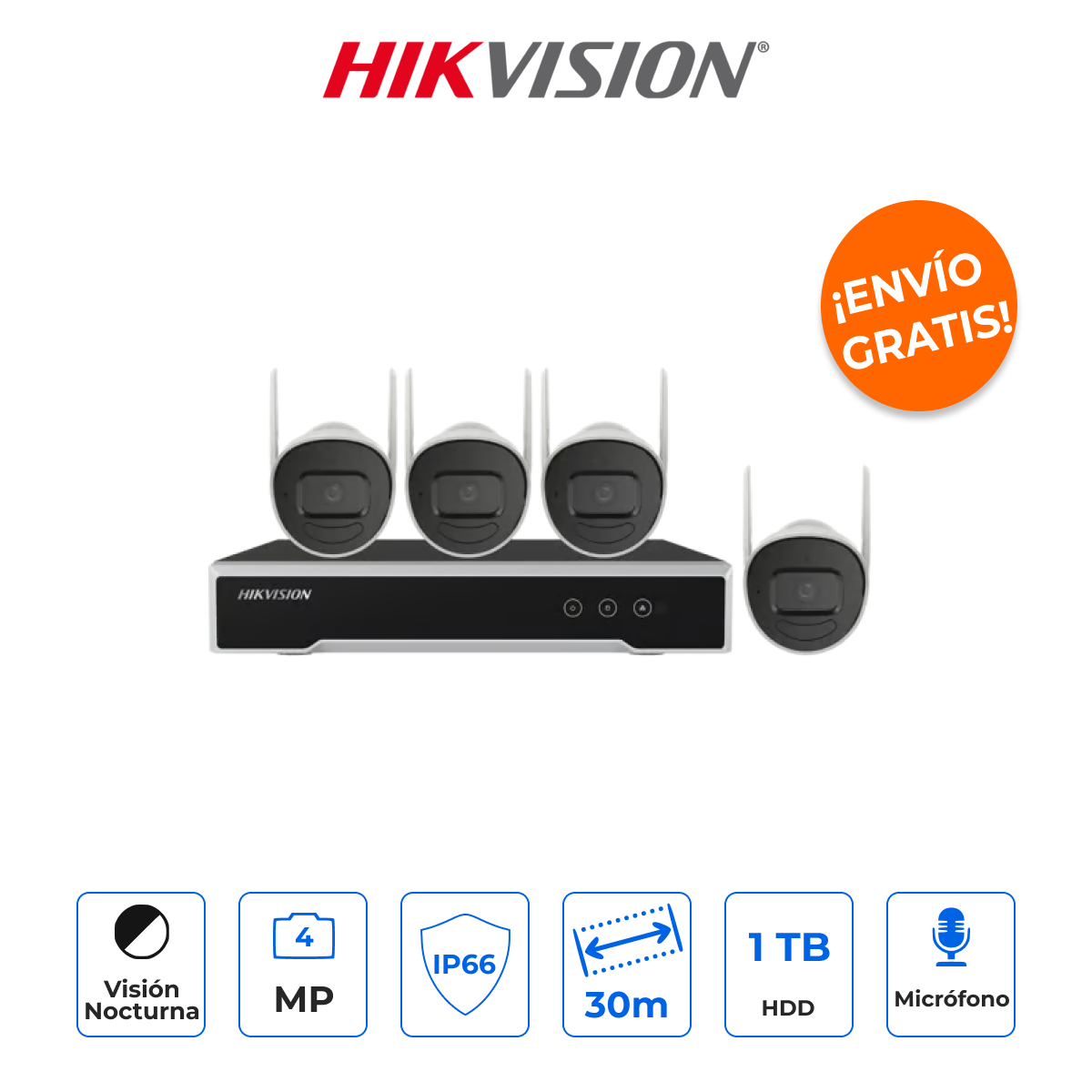 HIKVISION NK44W0H-1T(E) Kit IP Inalámbrico 4MP 2K con NVR, 4 Cámaras Bala y HDD 1TB