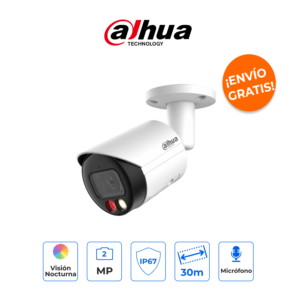 DAHUA DH-IPC-HFW2249S-S-IL Cámara Bala IP 2MP WizSense Full Color Dual Light e IA SMD Plus