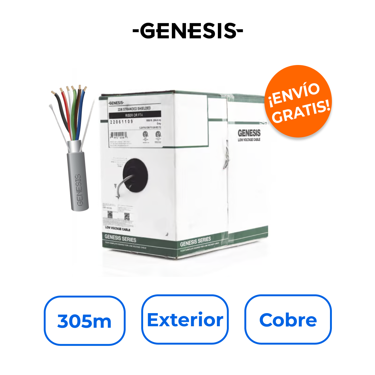GENESIS 2206-1109/1000 Bobina 305m Cable 6x22 AWG Blindado 100% Cobre Riser Gris