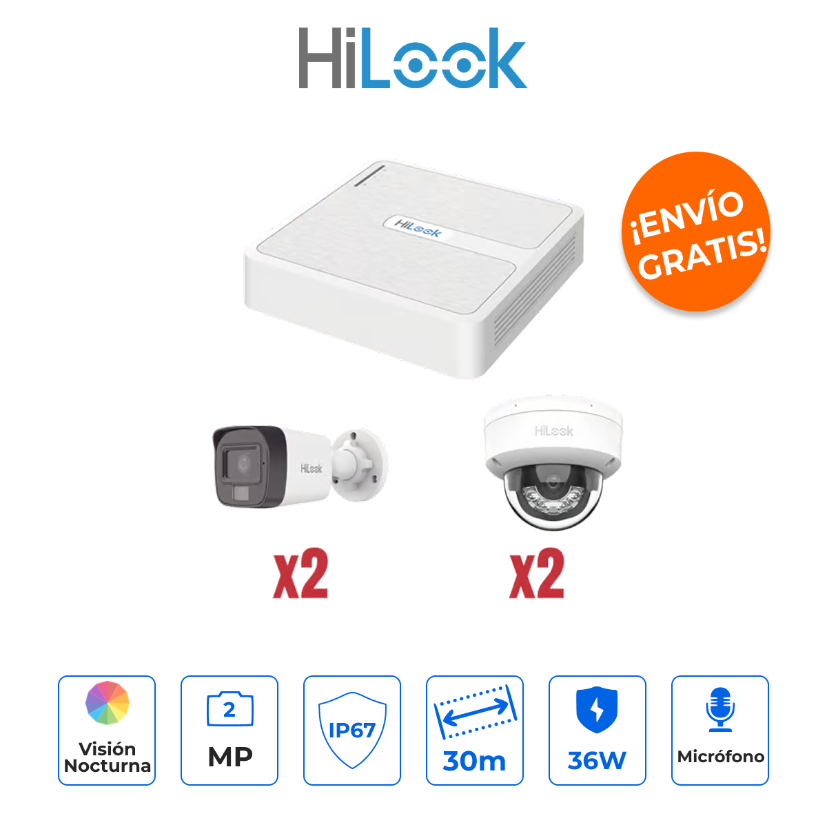 HILOOK KIP2MP/2B2D Kit IP 2MP con NVR PoE, 2 Balas Dual Light con Micrófono y 2 Domos Exterior