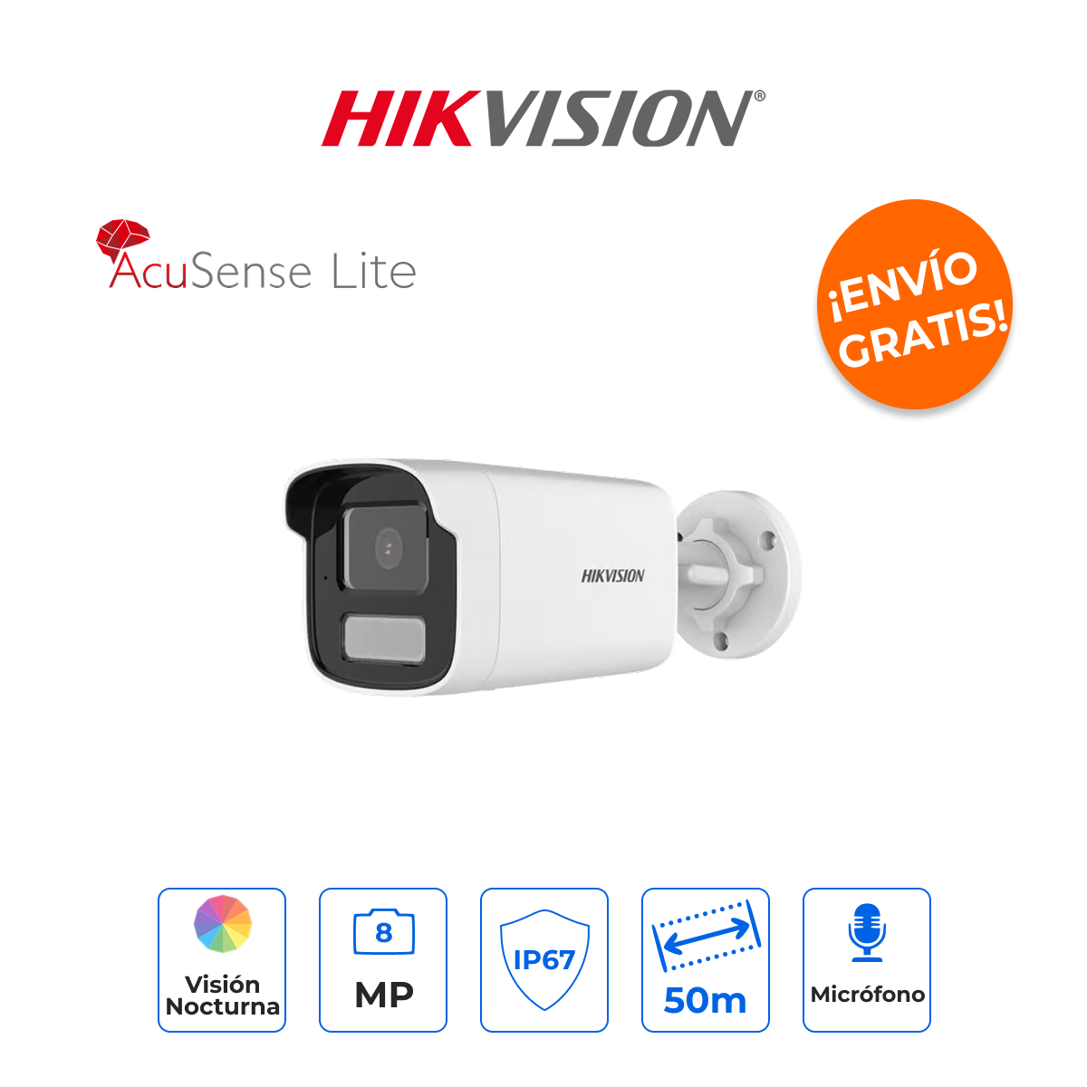 HIKVISION DS-2CD1T83G2-LIU(F) Cámara Bala IP 8MP 4K Dual Light 50m con Micrófono e IA AcuSense