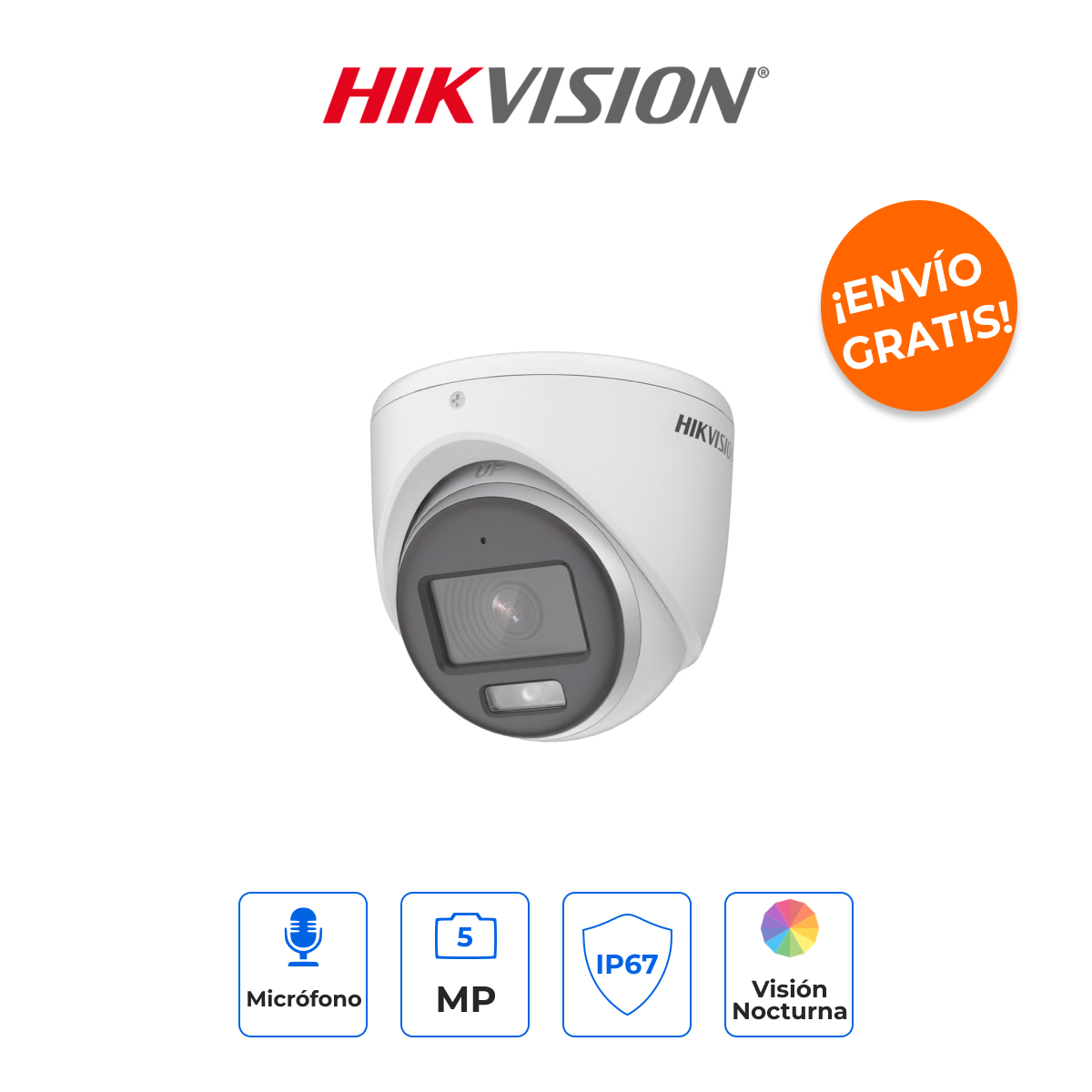HIKVISION DS-2CE70KF0T-MFS Turret 3K 5MP ColorVu con Micrófono y Visión a Color 24/7