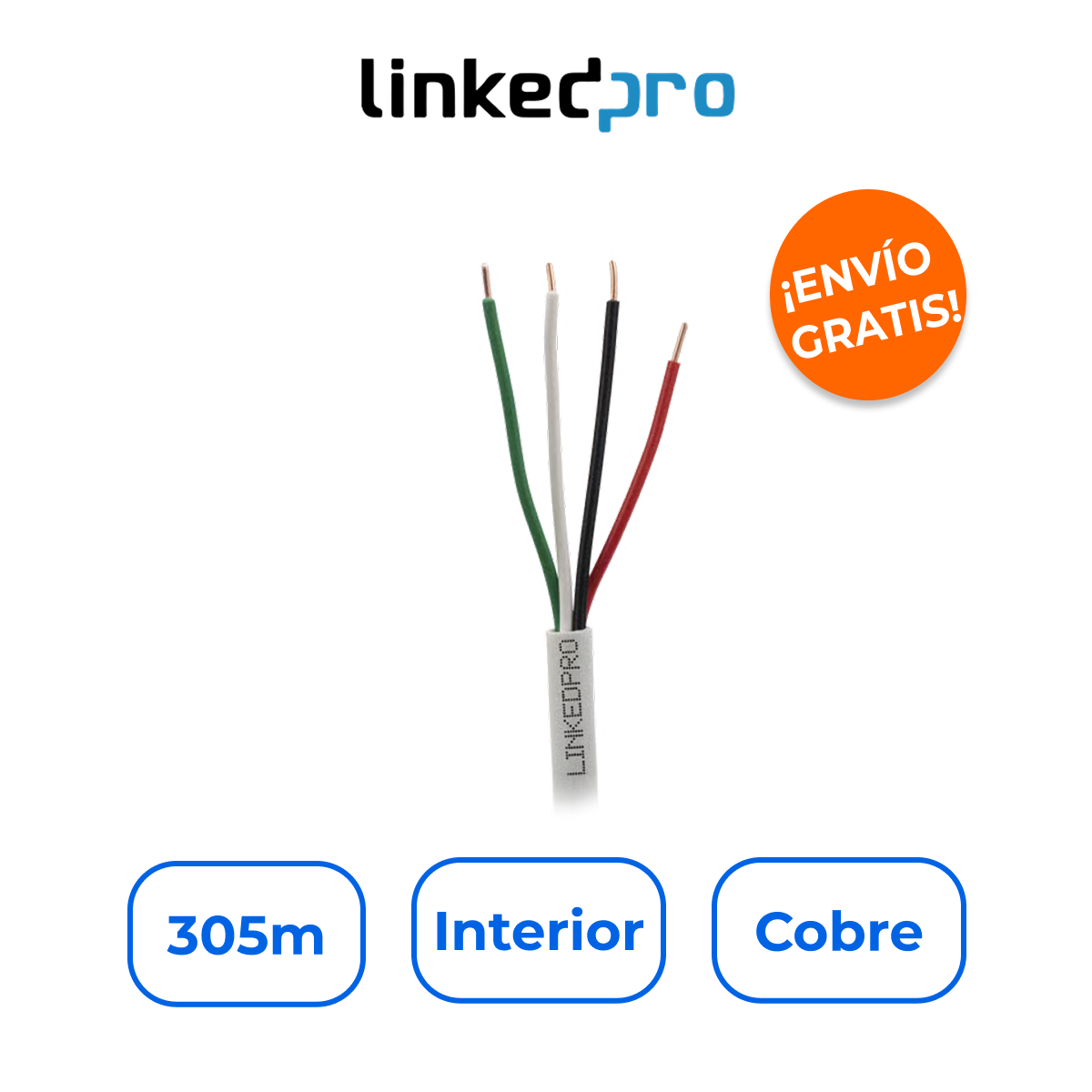 LINKEDPRO LP224W/1000 Bobina de 305m de Cable 4x22 AWG 100% Cobre con Certificación CM