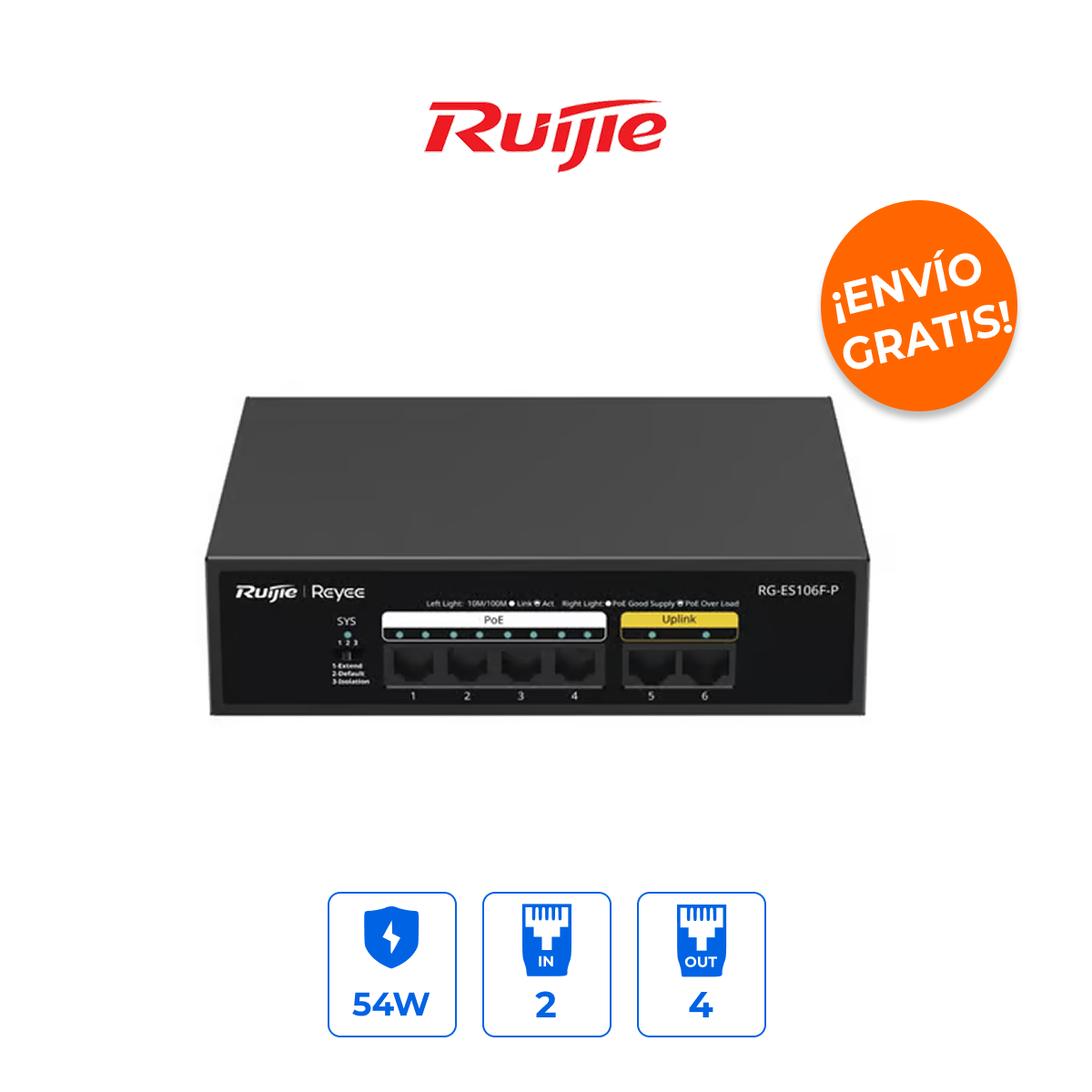 Ruijie RG-ES106F-P Switch PoE No Administrable de 6 Puertos (4 PoE + 2 Uplink) 54W