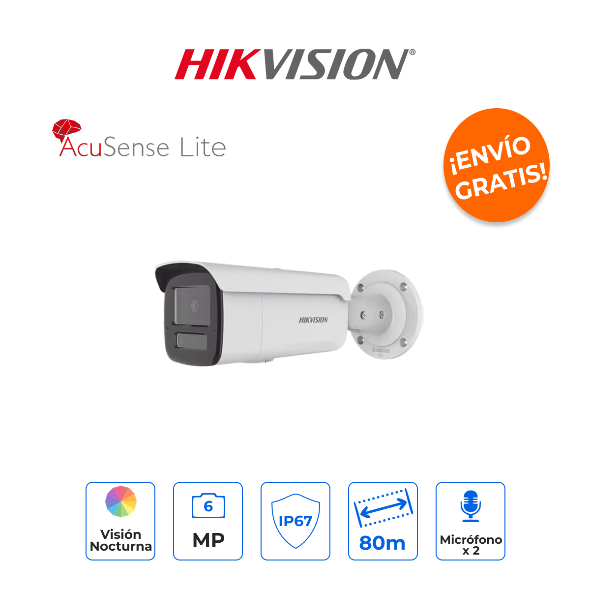 HIKVISION DS-2CD2T63G2-4LI2U Cámara Bala IP 6MP Dual Light 80m con 2 Micrófonos e IA AcuSense