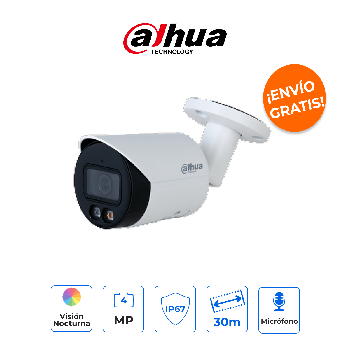 DAHUA DH-IPC-HFW2449S-S-IL Cámara Bala IP 4MP WizSense Full Color Dual Light con Micrófono e IA