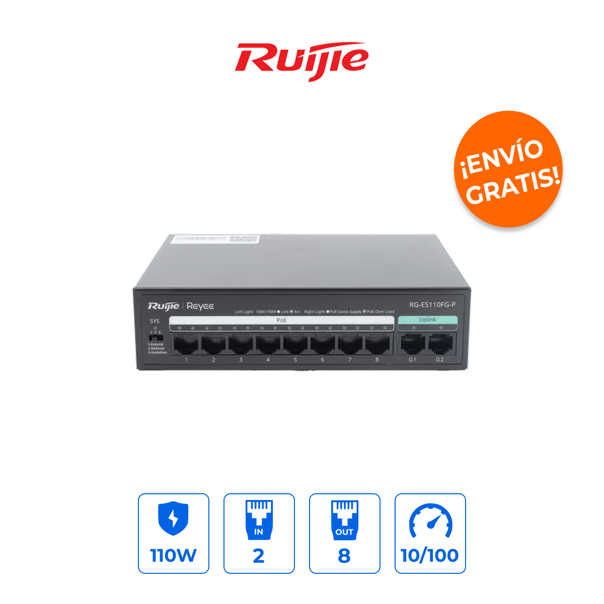 Ruijie RG-ES110FG-P Switch PoE No Administrable 8 Puertos 110W y 2 Uplink Gigabit
