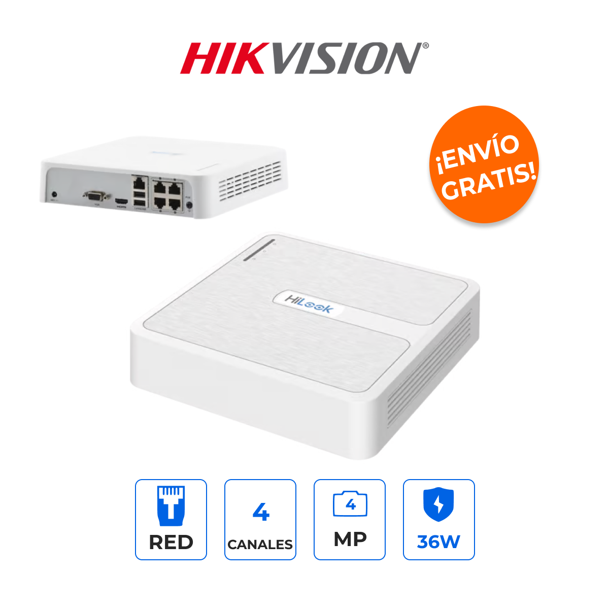 HILOOK NVR-104H-D/4P(D) Grabador NVR 4 Canales 4MP con 4 Puertos PoE+ y Soporte AcuSense