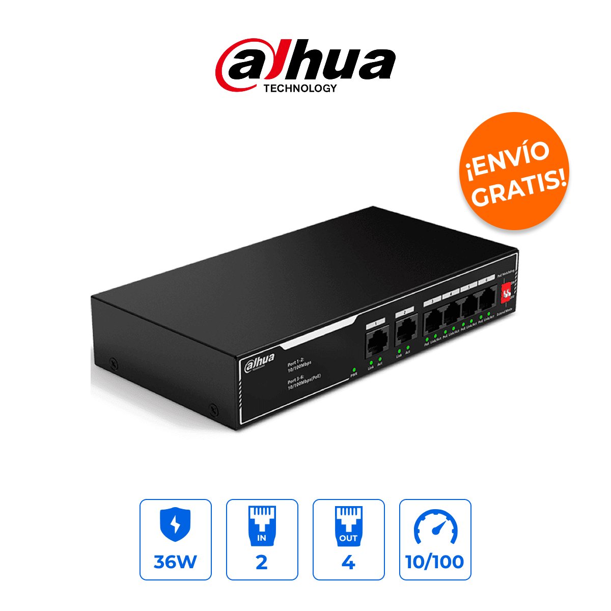 Dahua DH-SF1006LP Switch PoE 6 Puertos 10/100