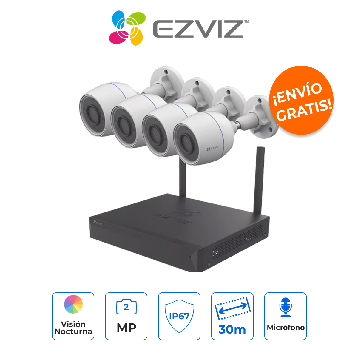 EZVIZ KIT/CSX5S/4W Kit de Seguridad WiFi 4 Canales 2MP Visión Nocturna a Color y Exterior IP67