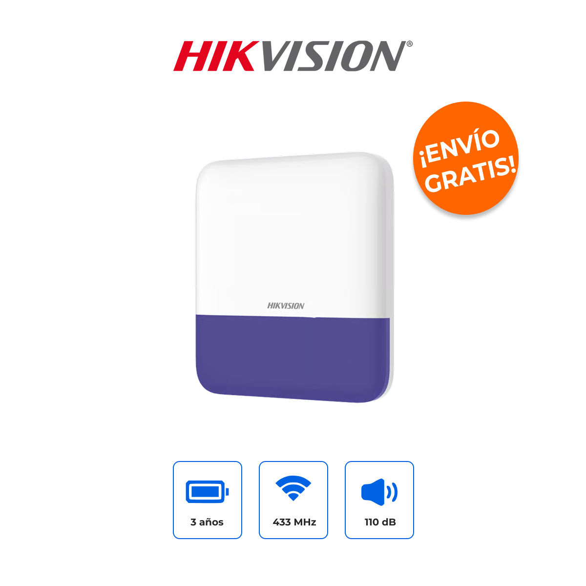 HIKVISION DS-PS1-E-WB/B Sirena Inalámbrica Exterior 110dB con Estrobo Azul para AX PRO