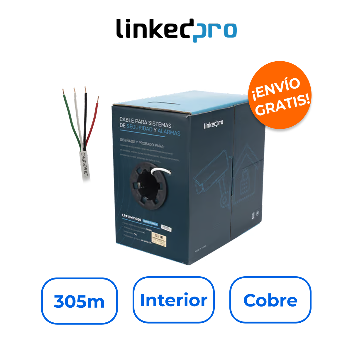 LINKEDPRO LP418W/1000 Bobina de 305m de Cable 4x18 AWG 100% Cobre para Seguridad y Alarmas