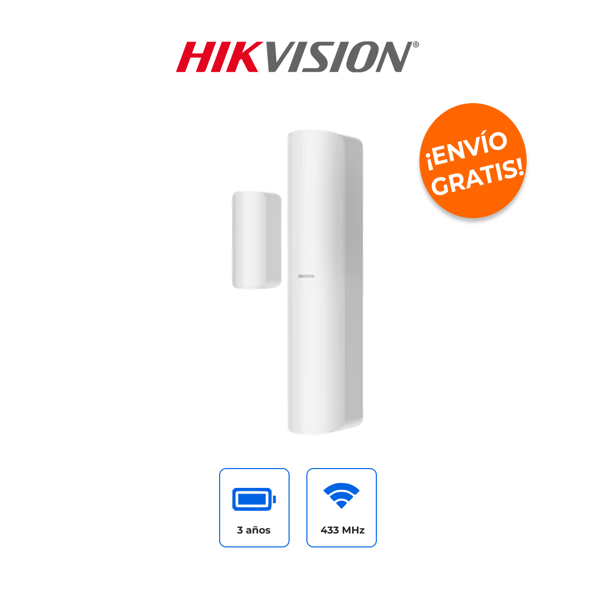 HIKVISION DS-PDMCK-EG2-WB(B) Sensor Inalámbrico 3-en-1: Magnético, Impacto y 2 Zonas Cableadas