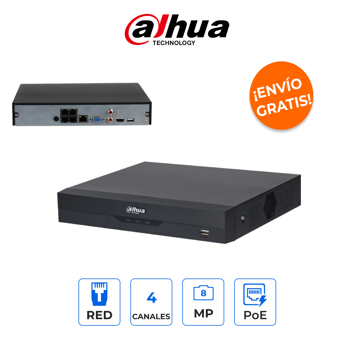 DAHUA DHI-NVR2104HS-P-I2 NVR 4 Canales 8MP 4K con 4 Puertos PoE e IA WizSense